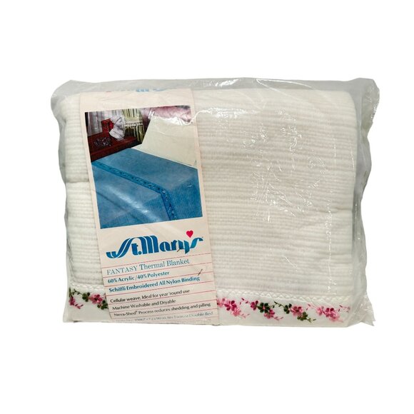Vtg St. Mary’s Fantasy Floral Thermal Blanket White 72 x 90 Twin or Double Bed - Picture 1 of 6
